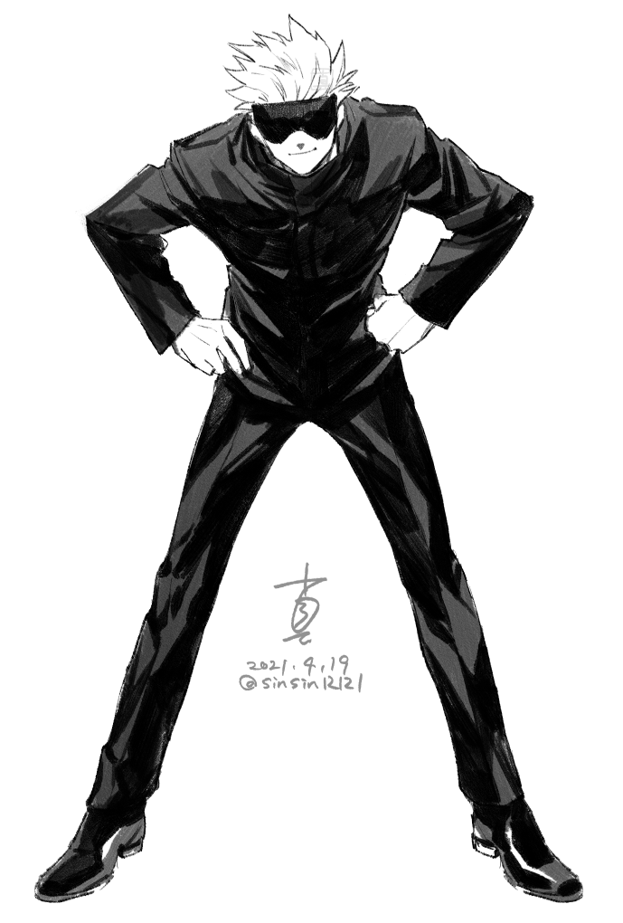1boy bad_id bad_twitter_id blindfold dated gojou_satoru greyscale hands_on_own_hips jacket jujutsu_kaisen long_sleeves male_focus monochrome pants shin_(sinsin12121) shoes signature simple_background solo spread_legs standing twitter_username