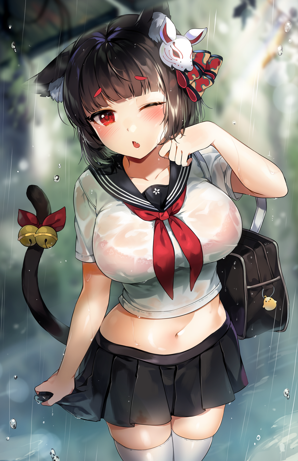 1girl animal_ear_fluff animal_ears azur_lane blouse blunt_bangs blush bra bra_visible_through_clothes breasts brown_hair cat_ears cat_mask cat_tail fang female_focus gijang highres large_breasts looking_at_viewer mask mask_on_head midriff navel neckerchief one_eye_closed open_mouth pleated_skirt rain red_eyes red_neckerchief sailor_collar school_uniform see-through_clothes serafuku shirt short_hair skindentation skirt solo standing stomach tail thick_eyebrows thighhighs thighs underwear water_drop wet wet_clothes wet_shirt white_shirt white_thighhighs yamashiro_(azur_lane) yamashiro_(street_corner_offensive!)_(azur_lane)