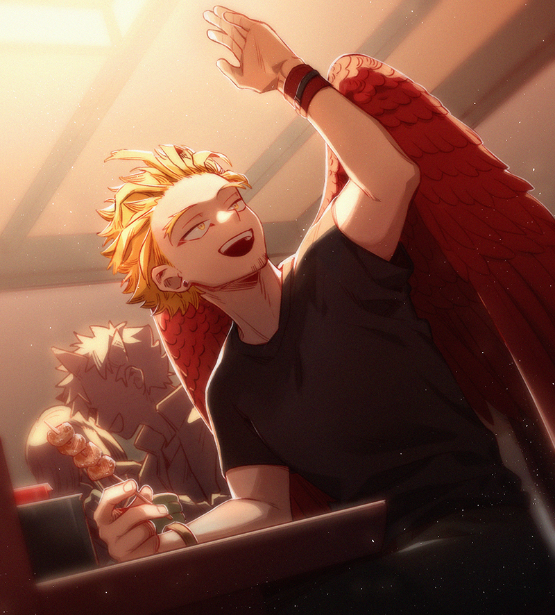 1boy :d arm_up black_pants black_shirt blonde_hair boku_no_hero_academia bracelet ceiling commentary_request dutch_angle earrings elbow_on_table facial_hair fingernails food forked_eyebrows goatee_stubble gold_bracelet hawks_(boku_no_hero_academia) hi-fi_(fijazzy) holding holding_food indoors jewelry light_particles looking_to_the_side male_focus mark_under_eye open_mouth pants people red_wings shirt short_hair sideburns_stubble slit_pupils smile sparse_stubble stubble stud_earrings table teeth upper_teeth_only wings wristband yakitori yellow_eyes