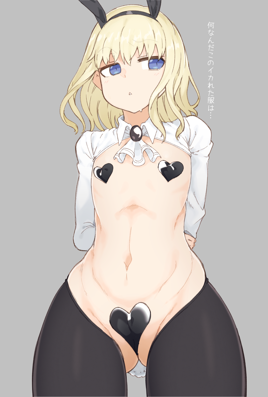 1girl animal_ears arms_behind_back ascot blonde_hair blue_eyes commentary_request fake_animal_ears fake_tail gluteal_fold heart_pasties highres irokohaku leivinia_birdway looking_to_the_side maebari meme_attire navel pasties rabbit_ears rabbit_tail reverse_bunnysuit reverse_outfit short_hair shrug_(clothing) solo tail toaru_majutsu_no_index translation_request