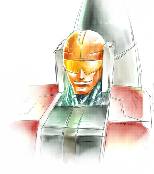 1980s_(style) 1boy aerialbots autobot glowing glowing_eyes ichira-san looking_at_viewer machine machinery male_focus mecha no_humans retro_artstyle orange_eyes personification retro_artstyle robot simple_background slingshot_(transformers) smile solo transformers upper_body white_background