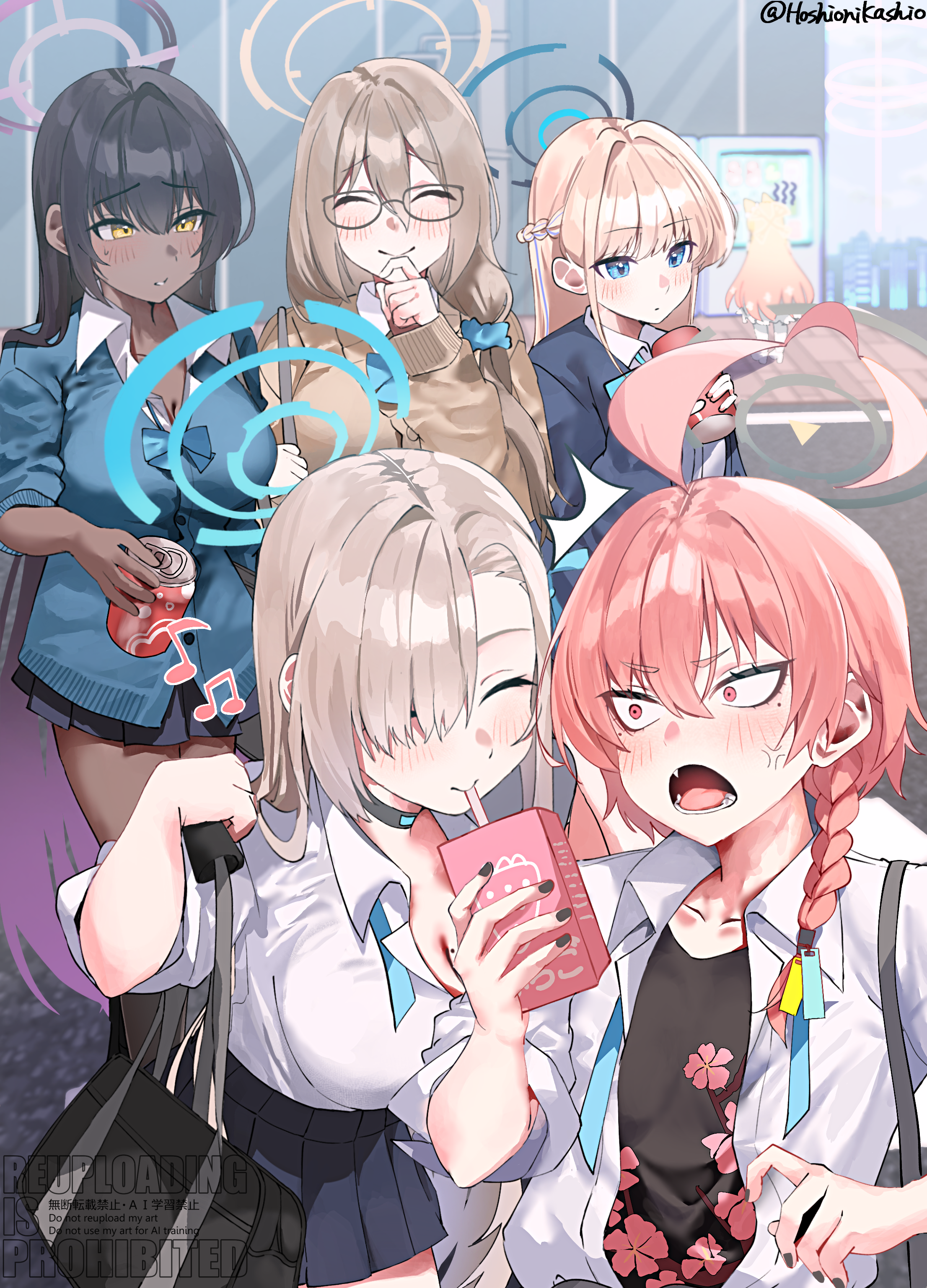 6+girls ^_^ absurdres ahoge akane_(blue_archive) akane_(school_uniform)_(blue_archive) anger_vein aqua_bow aqua_bowtie asuna_(blue_archive) asuna_(school_uniform)_(blue_archive) bag black_hair black_undershirt blonde_hair blue_archive blue_cardigan blue_skirt blush bow bowtie braid breasts brown_cardigan brown_hair can cardigan cleaning_&_clearing_(blue_archive) cleavage closed_eyes collarbone dark-skinned_female dark_skin fang fingernails food_theft glasses gradient_hair gyaru hair_ornament hair_scrunchie half_up_braid halo highres holding holding_can holding_carton huge_ahoge karin_(blue_archive) karin_(school_uniform)_(blue_archive) kashio_(92984798) kogal loose_bowtie medium_breasts milk_carton miniskirt mole mole_on_breast mole_under_each_eye mole_under_eye multicolored_hair multiple_girls multiple_moles musical_note nail_polish neck_ribbon neru_(blue_archive) neru_(school_uniform)_(blue_archive) official_alternate_costume orange_hair outdoors pleated_skirt purple_hair ribbon school_bag school_uniform scrunchie seia_(blue_archive) shirt single_braid skirt smile straight_hair toki_(blue_archive) toki_(school_uniform)_(blue_archive) twitter_username undone_neck_ribbon watermark white_shirt