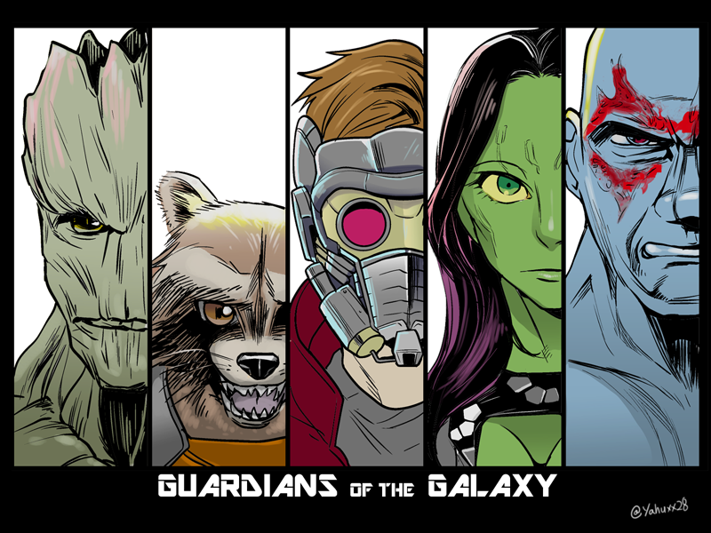 1girl 2boys animification blue_skin brown_hair colored_skin column_lineup copyright_name drax_the_destroyer english_text gamora green_eyes green_skin groot guardians_of_the_galaxy long_hair marvel marvel_cinematic_universe mask multiple_boys open_mouth peter_quill portrait raccoon red_eyes rocket_raccoon sharp_teeth short_hair simple_background teeth twitter_username upper_body yafu_(yahuxx28)