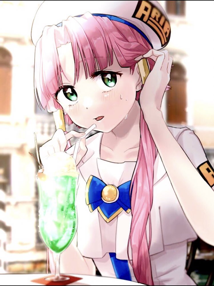 1girl adjusting_hair aogirism aria_(manga) aria_company_uniform beret blurry blurry_background blush chair collarbone cup depth_of_field dress drinking_straw food gold_trim green_eyes hair_tubes hands_up hat ice_cream ice_cream_float looking_at_viewer mizunashi_akari on_chair open_mouth outdoors parted_bangs pink_hair print_dress shirt short_hair_with_long_locks short_sleeves sitting solo sweat sweatdrop upper_body white_dress white_hat white_shirt