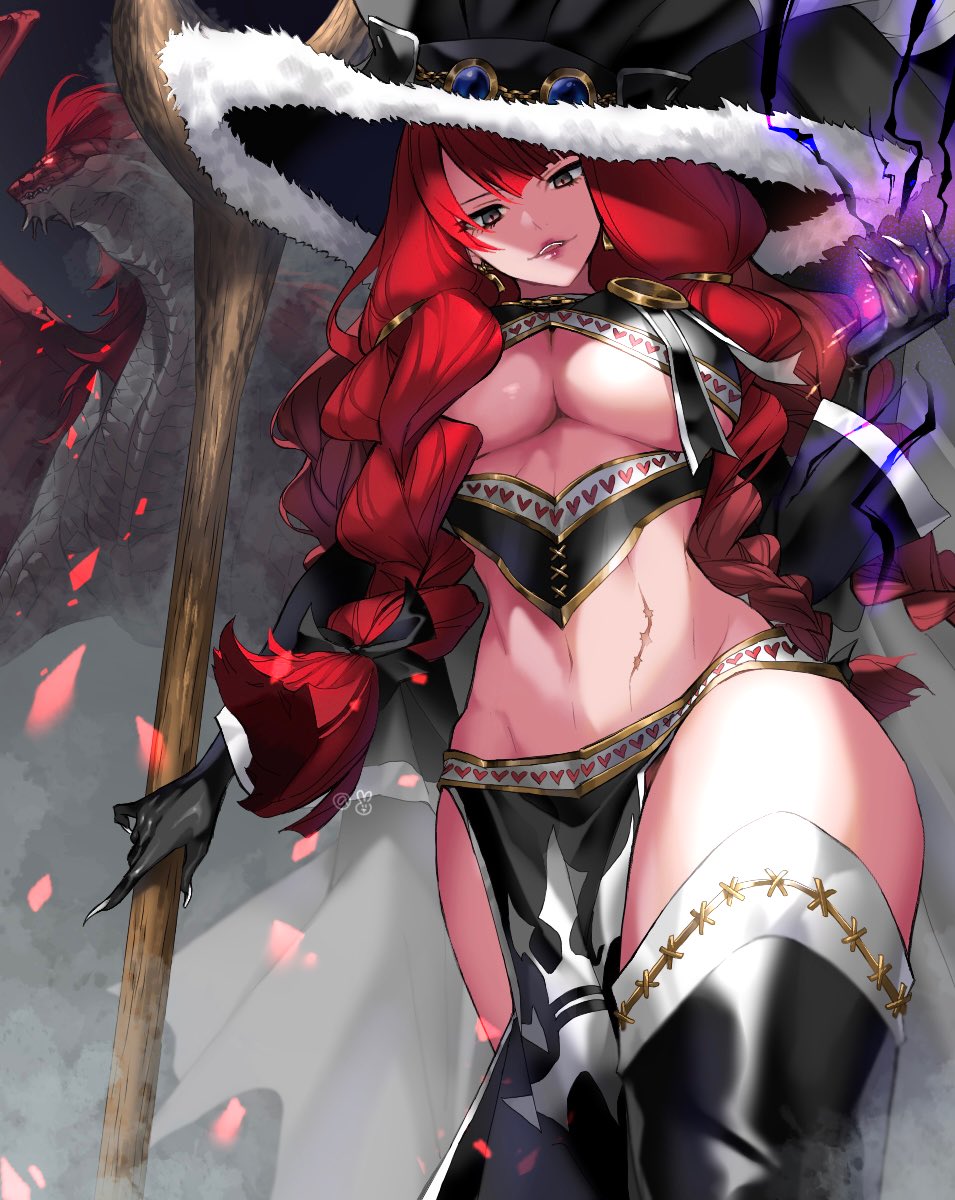 1girl alternate_form black_gloves black_thighhighs bow braid breasts brown_eyes cape cleavage dragon embers energy fairy_tail gloves glowing glowing_eyes hair_bow hat heart heart_print highres holding holding_staff impossible_clothes irene_belserion large_breasts lips long_hair looking_at_viewer looking_down magic multiple_braids navel parted_lips pelvic_curtain red_hair revealing_clothes scar scar_on_stomach shaded_face solo staff stomach thighhighs thighs underwear usagi448 wide_sleeves witch_hat