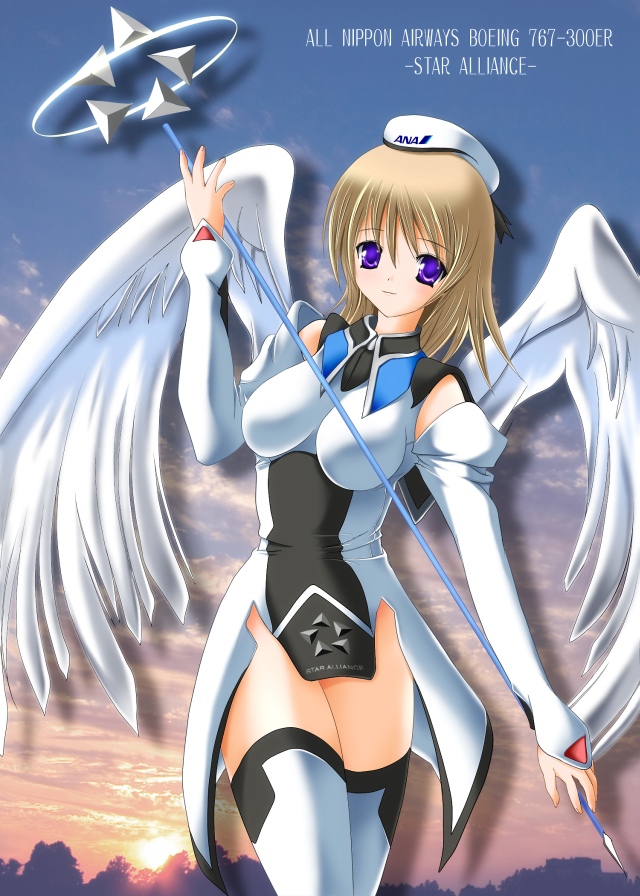 1girl 2000s_(style) all_nippon_airways archived_source ashita_yaru black_ribbon black_thighhighs boeing_767 breasts closed_mouth clothes_writing cloud commentary_request detached_sleeves dress drop_shadow feathered_wings hair_between_eyes hat hat_ribbon holding holding_staff light_brown_hair light_smile long_sleeves medium_breasts medium_hair original personification photo_background purple_eyes ribbon sky smile solo staff standing thighhighs twilight two-tone_legwear two-tone_thighhighs white_hat white_sleeves white_thighhighs white_wings wings zettai_ryouiki