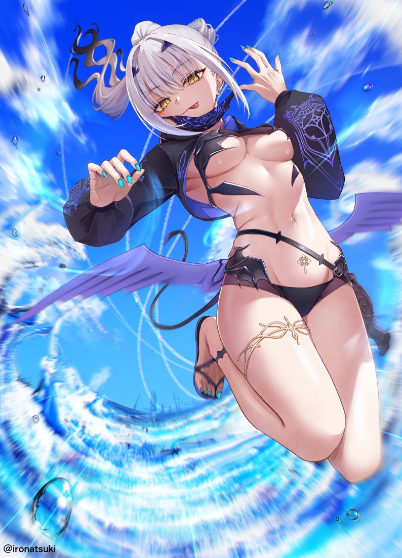 1girl bikini black_bikini breasts character_hood cropped_jacket dragon_wings fate/grand_order fate_(series) forked_eyebrows high_ponytail hooded_shrug ironatsuki jewelry long_hair looking_at_viewer mask mask_pull medium_breasts melusine_(fate) melusine_(swimsuit_ruler)_(fate) melusine_(swimsuit_ruler)_(first_ascension)_(fate) mouth_mask ponytail pubic_tattoo removing_mask shrug_(clothing) smile solo stomach_tattoo swimsuit tattoo thighlet tongue tongue_out underboob white_hair wings
