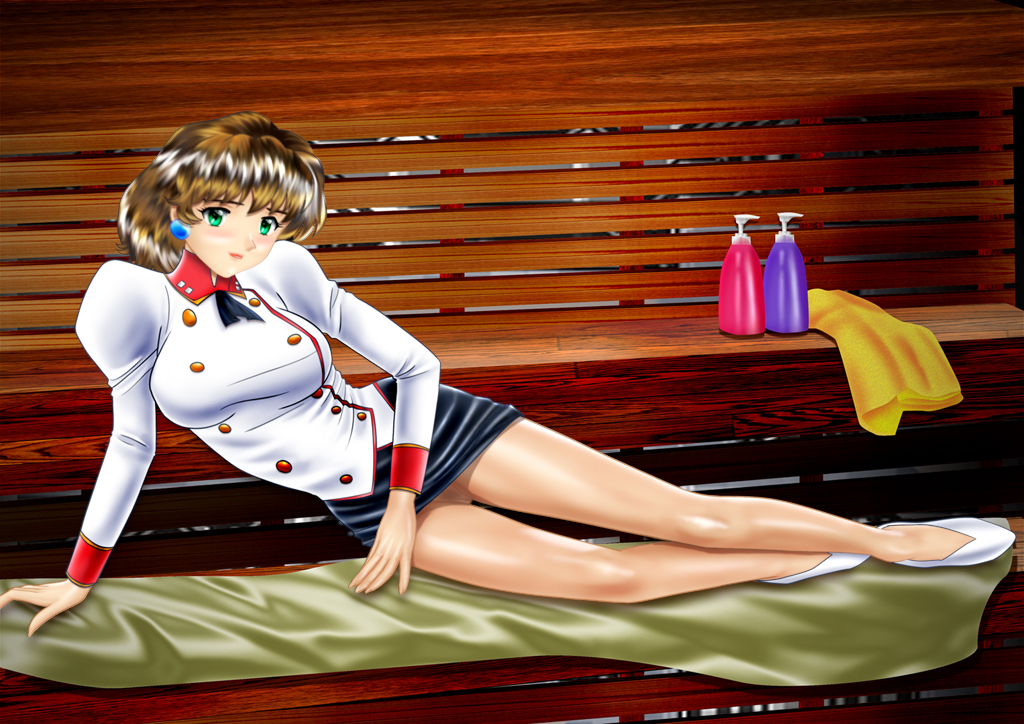 1990s_(style) 1girl agent_aika aika_(series) black_skirt blush breasts brown_hair closed_mouth delmo earrings female_focus green_eyes high_heels jewelry lipstick looking_at_viewer lying makeup medium_breasts miniskirt on_side pencil_skirt pussy retro_artstyle sauna short_hair skirt solo thighs towel uncensored upskirt white_delmo white_delmo_r yuusuke_(ziyasu)
