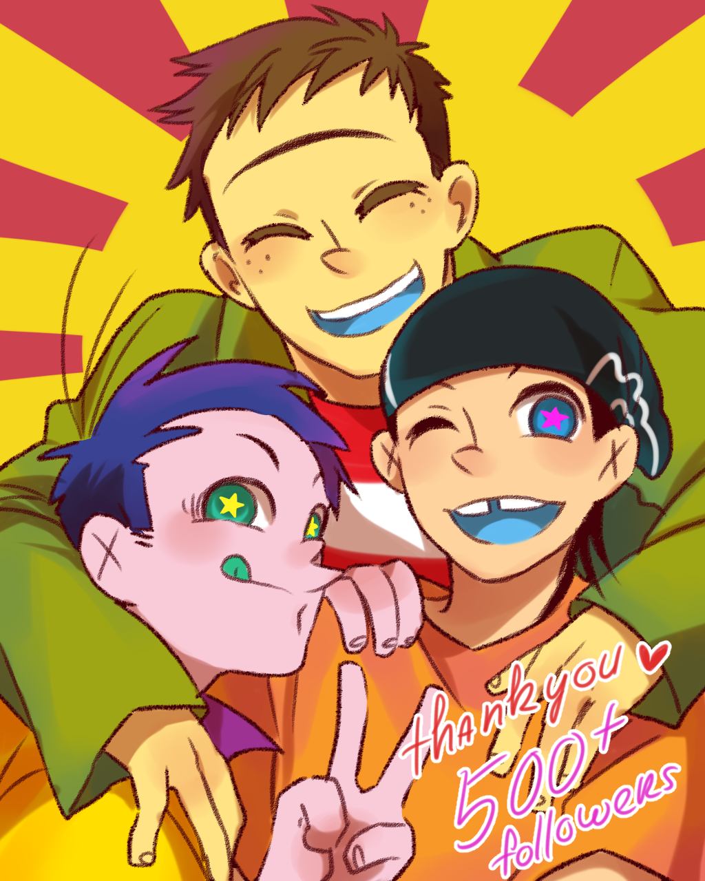 3boys black_hair blue_hair brown_hair cartoon_network closed_eyes ed_(ed_edd_n_eddy) ed_edd_n_eddy edd_(ed_edd_n_eddy) eddy_(ed_edd_n_eddy) friends green_eyes highres hug male_focus multiple_boys one_eye_closed smile tanosan96 tongue tumblr unibrow v