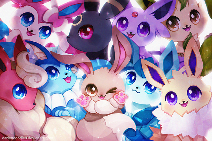 animal_focus blue_eyes blush brown_eyes closed_mouth commentary dariendoodles deviantart_username eevee english_commentary espeon fangs flareon gen_1_pokemon gen_2_pokemon gen_4_pokemon gen_6_pokemon glaceon jolteon leafeon nintendo no_humans one_eye_closed open_mouth pawpads pink_eyes pokemon pokemon_(creature) purple_eyes smile sylveon umbreon vaporeon white_background