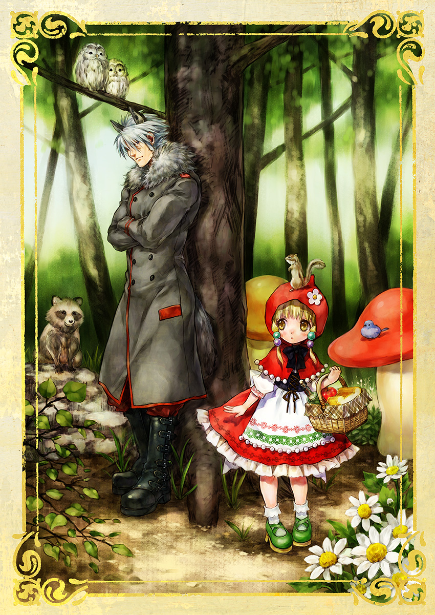 1boy 1girl against_tree alcohol animal_ears apple banpresto basket big_bad_wolf big_bad_wolf_(cosplay) bird blonde_hair blue_eyes boots bread coat cosplay dress flower food forest fruit fur_trim highres hood irui_guneden kemonomimi_mode little_red_riding_hood little_red_riding_hood_(grimm) little_red_riding_hood_(grimm)_(cosplay) long_hair mushroom nakamura_kanko nature on_head owl picnic_basket raccoon sanger_zonvolt silver_hair squirrel super_robot_wars tail tree wine wolf_ears wolf_tail yellow_eyes
