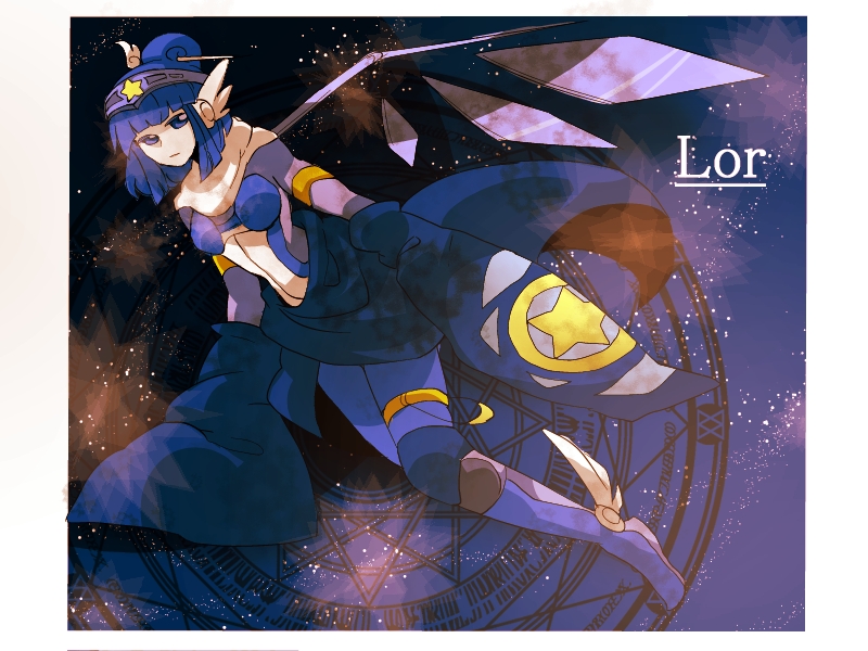 1girl armlet armor blue_armor blue_eyes blue_footwear blue_hair blue_headband blue_jacket blue_pantyhose blunt_bangs blunt_ends bodysuit boots character_name closed_mouth clothes_around_waist commentary_request crystal_wings detached_sleeves frilled_thigh_strap frown full_body hair_bun hair_ornament hairpin headband jacket jacket_around_waist jewelry kirby_(series) knee_boots knee_pads layered_sleeves long_sleeves lor_starcutter magic_circle nintendo pantyhose personification purple_bodysuit purple_wings scarf shirushiki short_hair single_hair_bun space star_(sky) star_(symbol) star_print thigh_strap white_scarf wide_sleeves wing_hair_ornament wing_hairpin winged_footwear wings
