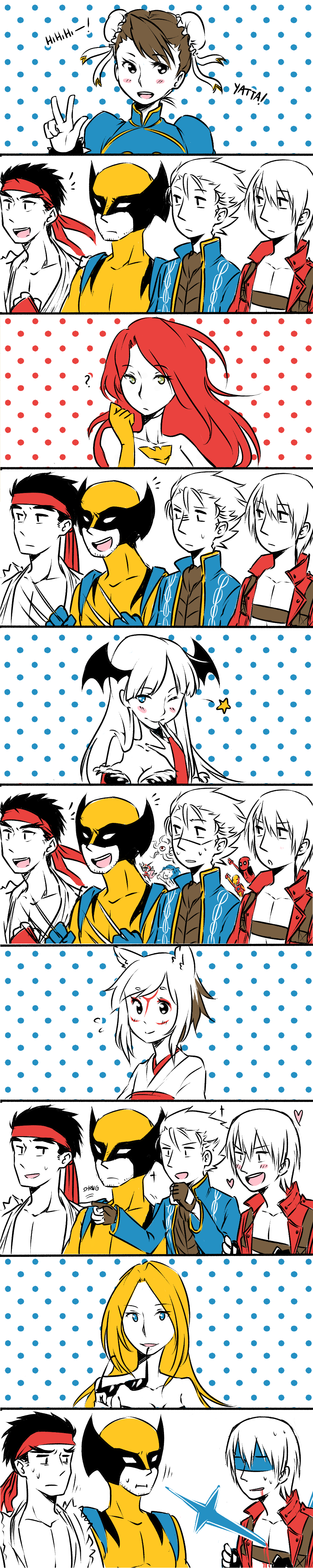 00s ;) ? absurdres amaterasu_(ookami) belt_bra black_hair blonde_hair blood blood_from_mouth blue_eyes blush_stickers breasts bridal_gauntlets brown_hair bun_cover capcom chun-li cleavage comic company_connection crossover dante_(devil_may_cry) deadpool deadpool_(series) devil_may_cry_(series) double_bun dougi earrings facial_hair felicia_(darkstalkers) finger_to_mouth gaijin_4koma_(meme) hair_bun headband highres iron_man jean_grey jewelry joelyn_lai long_image lyn_(shunao) marvel marvel_vs._capcom marvel_vs._capcom_3 mask meme morrigan_aensland multiple_boys multiple_girls one_eye_closed ookami_(game) parted_bangs personification phoenix_(x-men) red_hair ryu_(street_fighter) shuma_gorath smile street_fighter stubble sunglasses sweatdrop tall_image tony_stark trish_(devil_may_cry) unworn_eyewear v darkstalkers vergil_(devil_may_cry) viewtiful_joe viewtiful_joe_(character) white_hair wolverine_(x-men) x-men