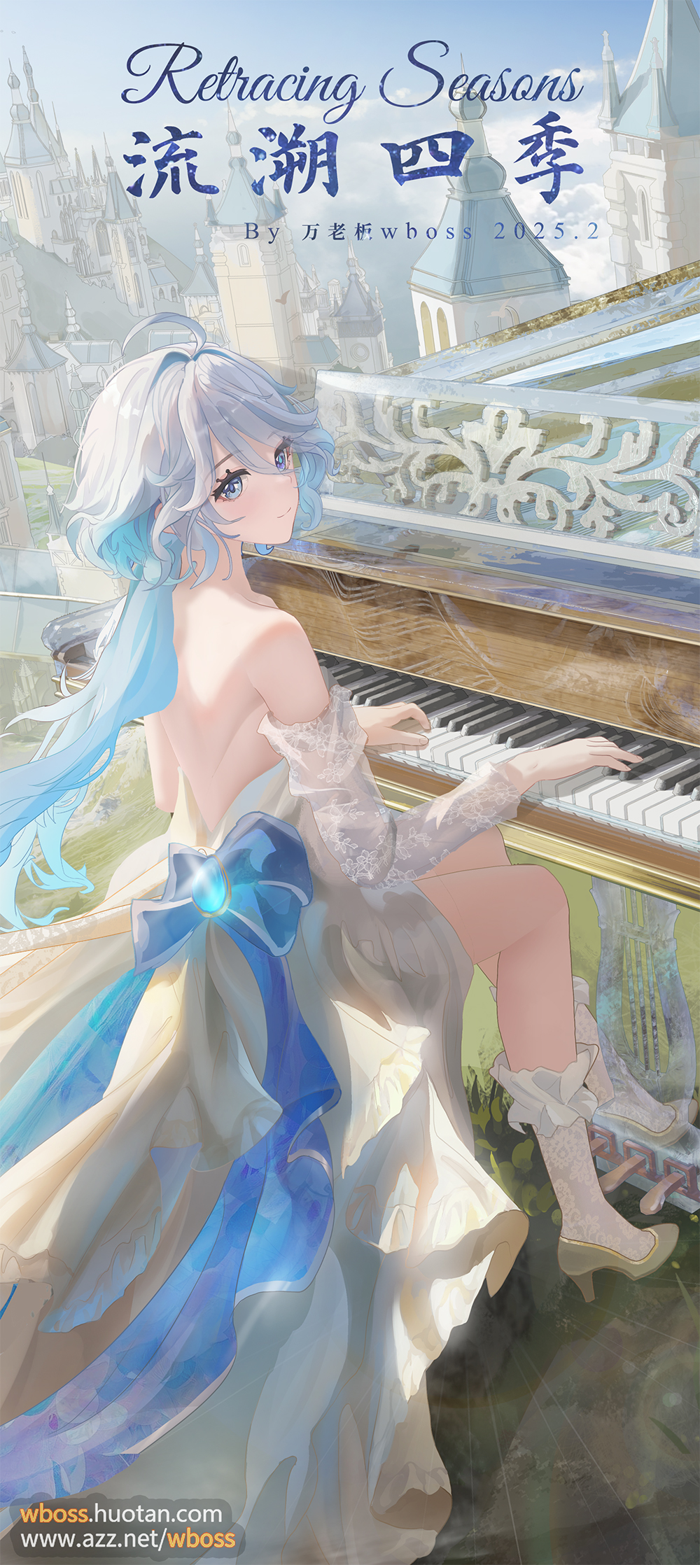 1girl ahoge alternate_costume artist_name bare_shoulders bird blue_bow blue_eyes blue_gemstone blue_hair blue_pupils bow chinese_commentary chinese_text cloud collarbone commentary commentary_request dated detached_sleeves dress drop-shaped_pupils english_commentary english_text from_side furina_(genshin_impact) gem genshin_impact grand_piano high_heels highres instrument long_hair mixed-language_commentary mixed-language_text multicolored_hair music outdoors piano playing_instrument rainbow sky solo strapless strapless_dress symbol-shaped_pupils very_long_hair watermark wboss web_address white_dress white_hair white_sleeves