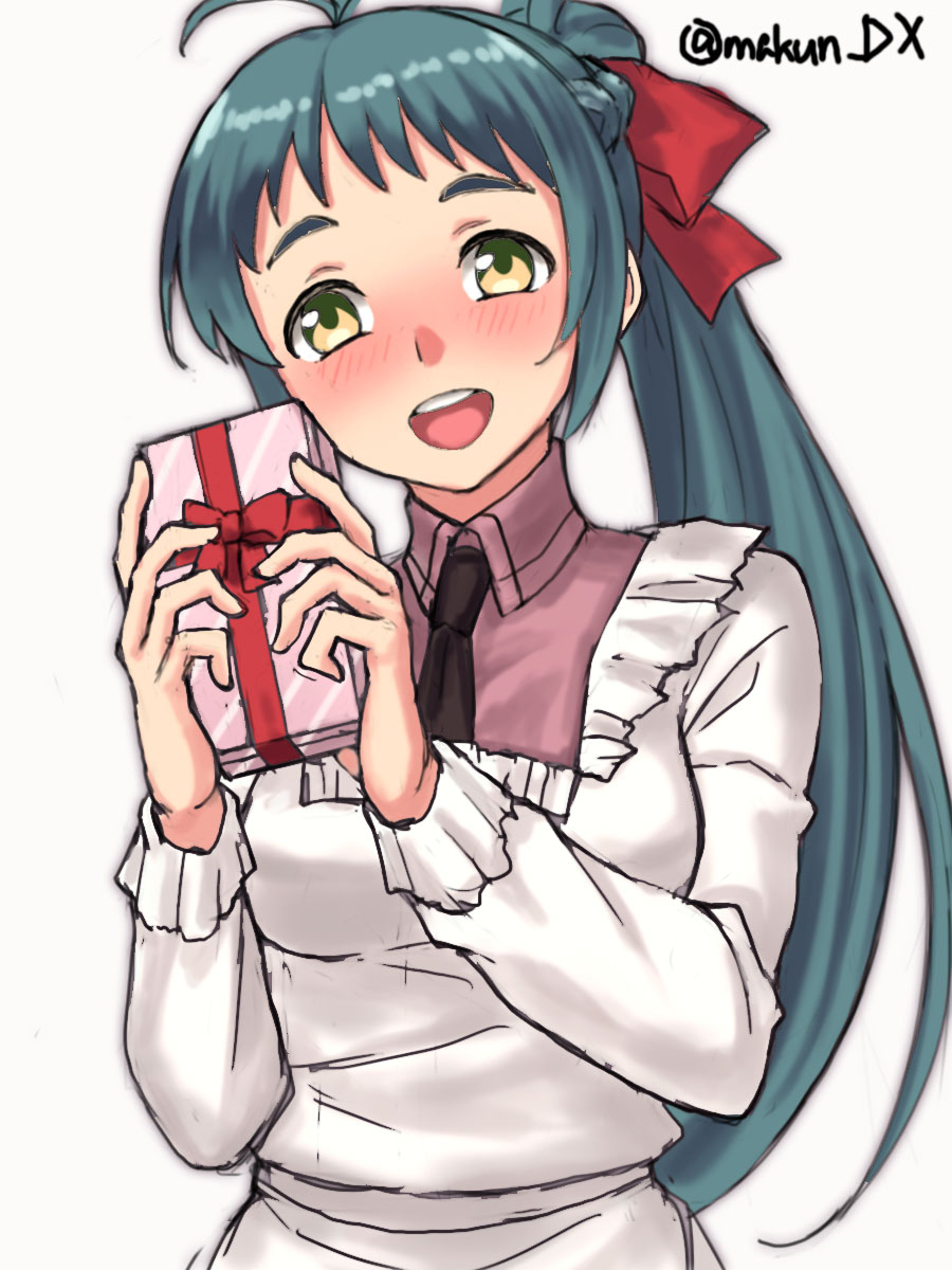1girl antenna_hair apron black_necktie box gift gift_box green_hair highres irako_(kancolle) kantai_collection kappougi long_hair maakun_(makun_dx) necktie one-hour_drawing_challenge open_mouth pink_shirt round_teeth shirt simple_background smile solo teeth twitter_username upper_teeth_only white_background yellow_eyes