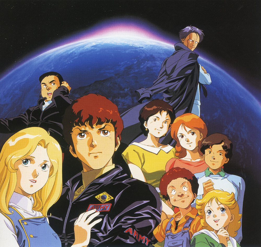 1990s_(style) 4girls 5boys aged_up amuro_ray beltorchika_irma blonde_hair blue_eyes brown_eyes brown_hair coat earth_(planet) fraw_bow gundam hayato_kobayashi in_orbit jacket kai_shiden katz_howan key_visual kikka_kitamoto kitazume_hiroyuki letz_cofan military mirai_yashima mixed-language_commentary multiple_boys multiple_girls official_art orange_hair planet promotional_art retro_artstyle scan science_fiction space sun sunrise zeta_gundam