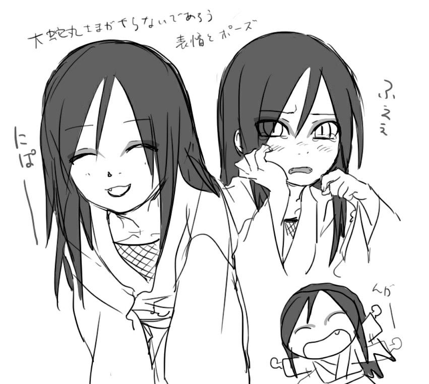 ^_^ aged_down black_hair blush closed_eyes crying crying_with_eyes_open eye_visible_through_hair eyebrow_visible_through_hair eyeliner fang fishnets hair_in_face hand_on_own_cheek hand_on_own_face japanese_clothes japanese_text kimono kutuyatti long_hair makeup male_focus monochrome multiple_views naruto_(series) orochimaru_(naruto) smile tears translated