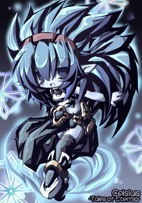 00s 1girl blue_background blue_eyes blue_hair blue_skin blue_theme blue_thighhighs celsius celsius_(tales) character_name colored_skin copyright_name dango_mushi dress female_focus full_body hairband long_hair matching_hair/eyes pointy_ears smile snowflakes solo tales_of_(series) tales_of_eternia thighhighs