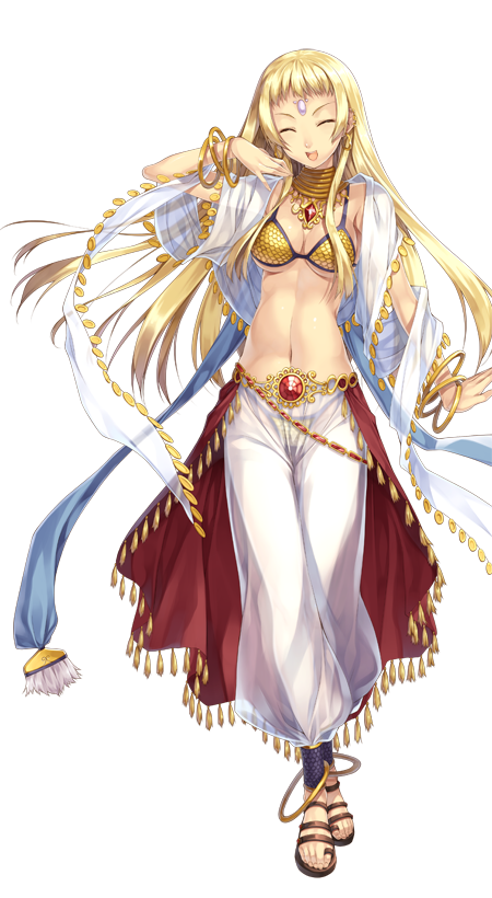 1girl artist_request bangle bikini black_sandals blonde_hair bracelet breasts cleavage closed_eyes coin_(ornament) dancer dancer_(ragnarok_online) forehead_jewel full_body gem gold hand_up harem_pants jewelry large_variant_set long_hair medium_breasts navel neck_ring official_art open_mouth pants pink_gemstone ragnarok:_guild_masters ragnarok_online red_gemstone red_skirt sandals see-through_clothes see-through_pants sequins shawl short_bangs showgirl_skirt simple_background skirt smile solo standing swimsuit transparent_background variant_set white_pants yellow_bikini