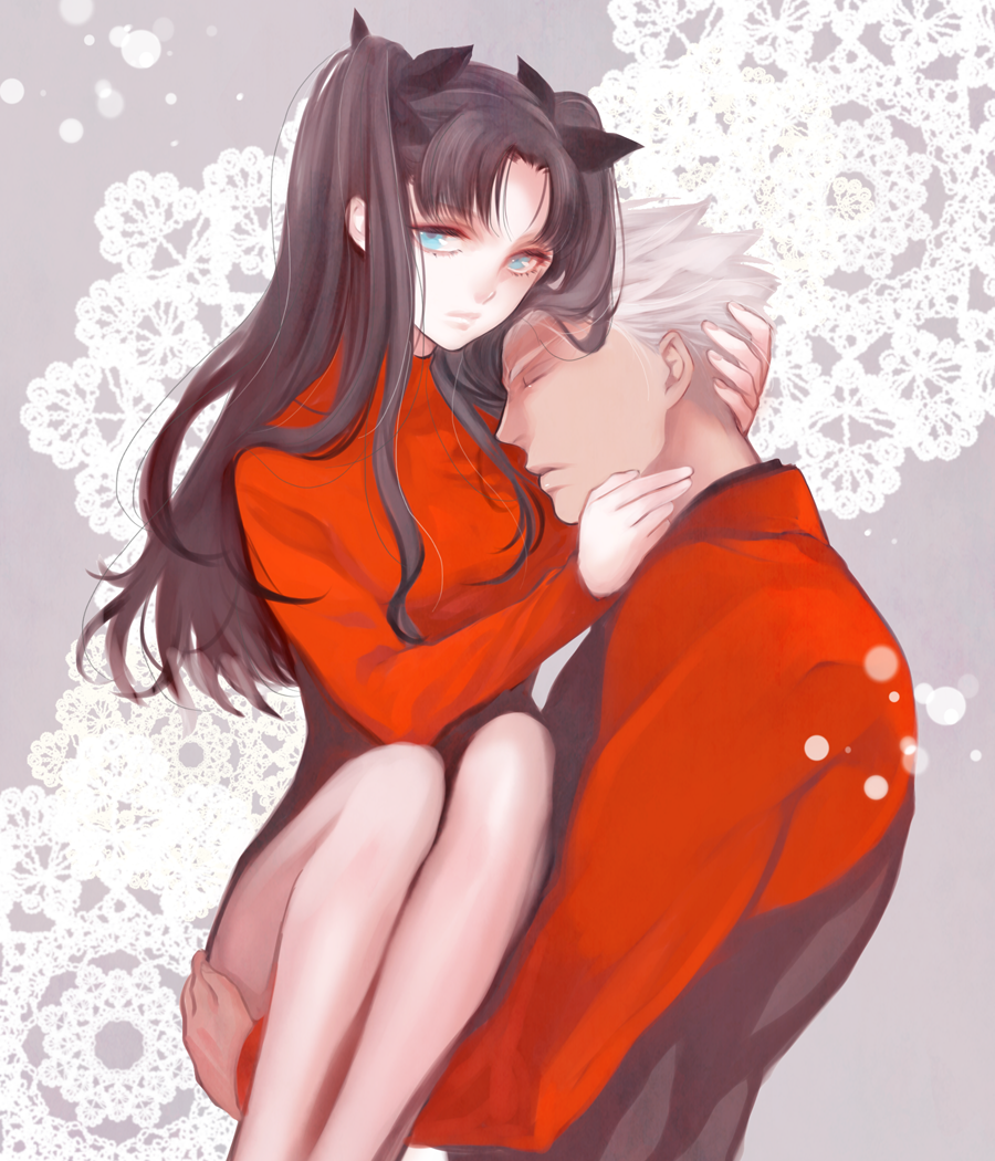 1boy 1girl archer_(fate) black_hair blue_eyes fate/stay_night fate_(series) jun_(ash) long_legs no_legwear simple_background tohsaka_rin two_side_up white_hair