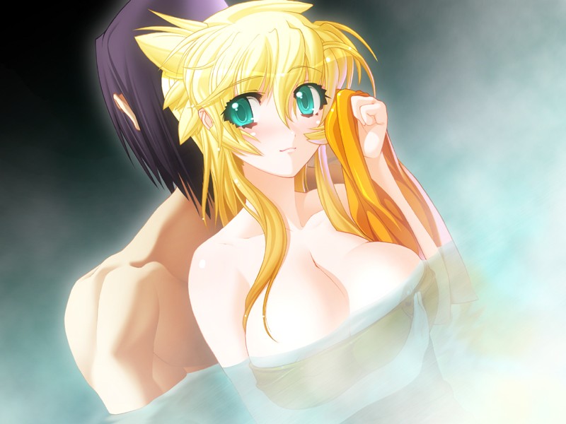 00s 1boy 1girl back-to-back bath blonde_hair breasts cleavage demonbane game_cg green_eyes large_breasts leica_(demonbane) long_hair mixed-sex_bathing nishii_(damnedrive) shared_bathing towel