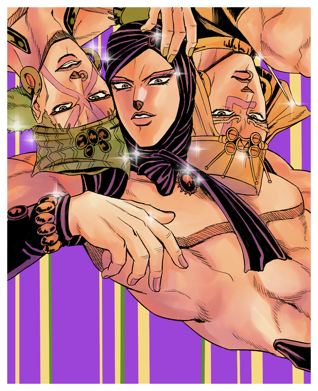 3boys battle_tendency bracelet earrings esidisi facial_mark hage_tashuumi headscarf highres hoop_earrings jewelry jojo_no_kimyou_na_bouken kars_(jojo) lip_piercing lip_ring male_focus multiple_boys muscular muscular_male official_style parody pink_nails sparkle topless_male turban upside-down wamuu yellow_nails