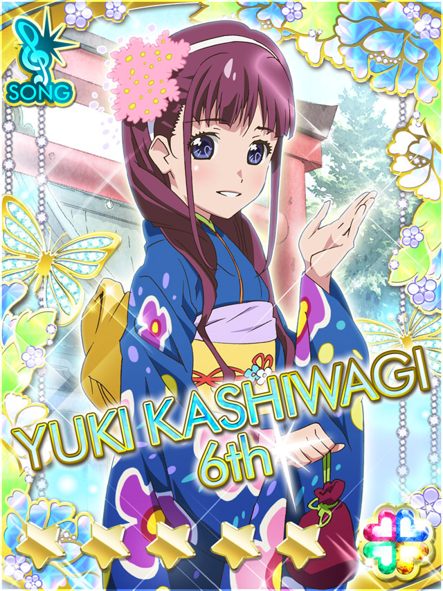 1girl akb0048 bag blue_eyes blue_kimono character_name cowboy_shot fanged_bangs floral_print floral_print_kimono flower gotou_keiji hair_flower hair_ornament hairband hand_up holding holding_bag japanese_clothes kashiwagi_yuki_(akb0048) kimono long_hair looking_at_viewer new_year non-web_source obi official_art outdoors parted_lips print_kimono purple_hair sash shrine smile solo sparkle standing star_(symbol) torii tree white_hairband