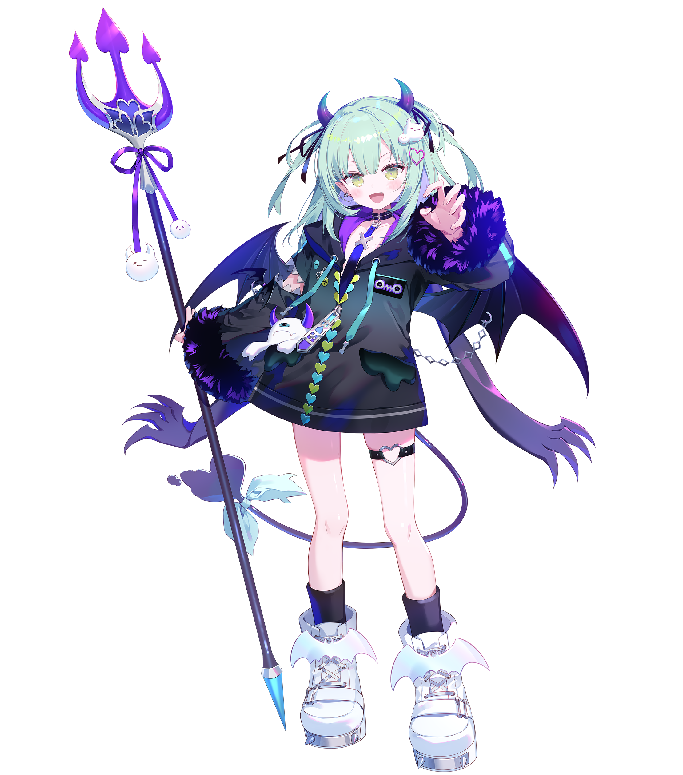 1girl :d absurdres demon_horns demon_tail demon_wings fang full_body green_eyes green_hair hair_ornament heart heart_hair_ornament heart_o-ring highres holding holding_pitchfork horns ibara_riato o-ring official_art omo_chitamu open_mouth pitchfork pointy_ears shoes simple_background smile solo specialite_(company) standing tail thigh_strap tongue transparent_background two_side_up virtual_youtuber white_shoes wings zipper_pull_tab