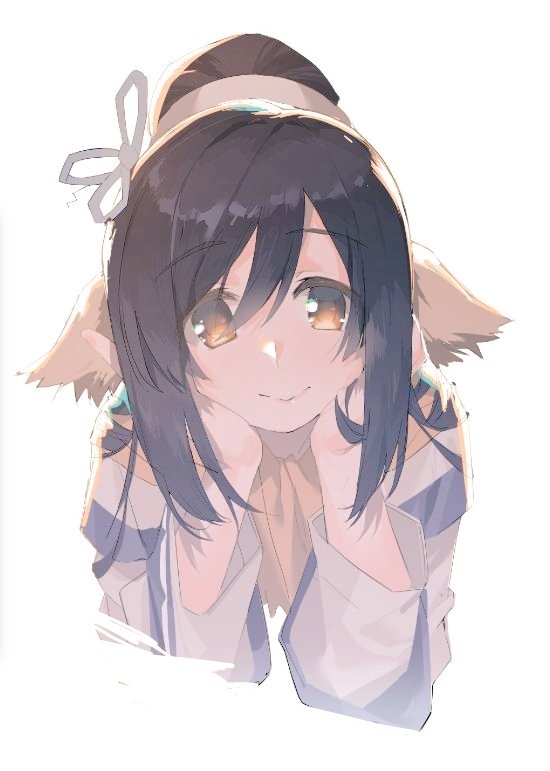 1girl :&gt; animal_ears b_zhan_cm_yang black_hair brown_eyes closed_mouth cropped_torso double-parted_bangs hair_between_eyes hands_on_own_cheeks hands_on_own_face kuon_(utawarerumono) long_hair long_sleeves looking_at_viewer scarf sidelocks simple_background solo upper_body utawarerumono utawarerumono:_itsuwari_no_kamen white_background yellow_scarf