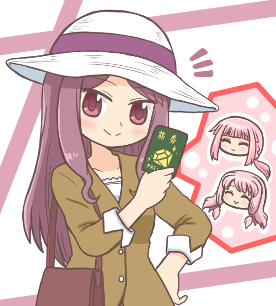 3girls bag blunt_bangs blush brown_jacket buttons chibi chibi_inset closed_eyes closed_mouth dot_nose hand_on_own_hip hat holding jacket long_hair long_sleeves looking_at_viewer magia_record:_mahou_shoujo_madoka_magica_gaiden mahou_shoujo_madoka_magica mother_and_daughter multiple_girls notice_lines outline passport pink_hair purple_eyes purple_hair reverse_(bluefencer) shoulder_bag siblings sidelocks sisters smile split_mouth sun_hat swept_bangs tamaki_iroha tamaki_iroha&#039;s_mother tamaki_ui white_hat white_outline