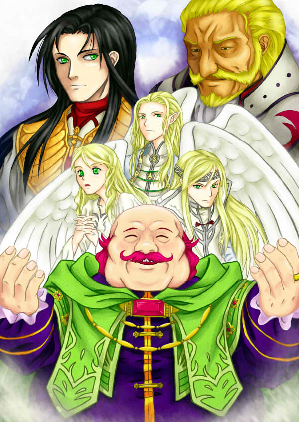 1girl 5boys ^v^ arms_up bald beard black_hair blonde_hair brooch cape facial_hair feathered_wings fire_emblem fire_emblem:_radiant_dawn green_cape jewelry laguz_(fire_emblem) leanne_(fire_emblem) lekain_(fire_emblem) long_hair multiple_boys mustache nintendo oliver_(fire_emblem) open_mouth own_hands_together pointy_ears purutoppu_(toranohige) rafiel_(fire_emblem) reyson_(fire_emblem) sephiran_(fire_emblem) wings