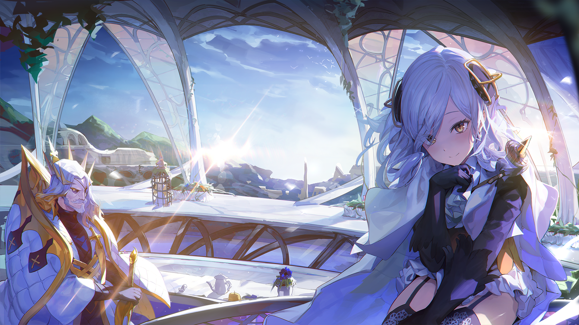 1boy 2girls alchemy_stars ascot bird black_gloves black_legwear black_shirt blue_sky cage cape carleen_(alchemy_stars) closed_mouth cloud commentary_request crown diffraction_spikes elbow_gloves eyepatch eyes_visible_through_hair facial_hair gabriel_(alchemy_stars) garter_straps gloves goatee gradient_hair hair_ornament hand_up highres holding holding_sword holding_weapon korean_commentary lens_flare long_hair looking_at_viewer mountain multicolored_hair multiple_girls mustache orange_eyes orange_hair plant potted_plant robe schwartz_(alchemy_stars) shirt sitting sky smile sword teapot thighhighs uthy weapon white_ascot white_cape white_hair white_robe