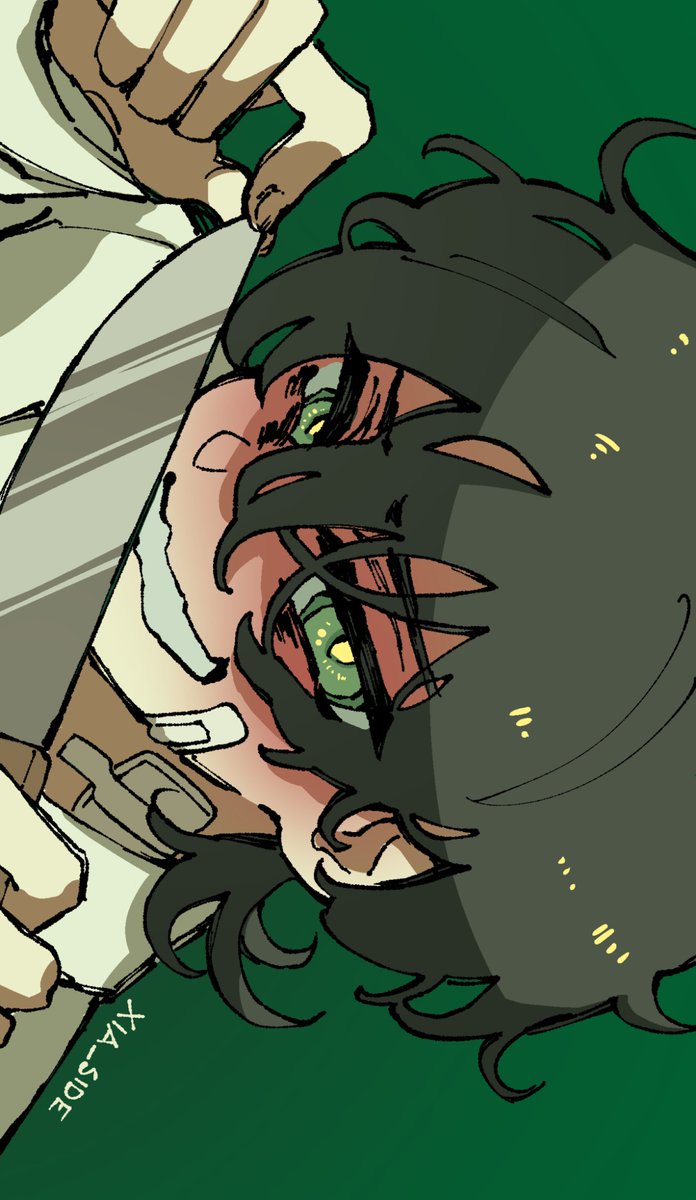 1boy artist_name bandaid bandaid_on_face black_hair degrees_of_lewdity green_background green_eyes highres holding holding_knife knife kylar_(degrees_of_lewdity) kylar_(male)_(degrees_of_lewdity) looking_at_viewer shirt short_hair sideways simple_background solo white_shirt xia_side