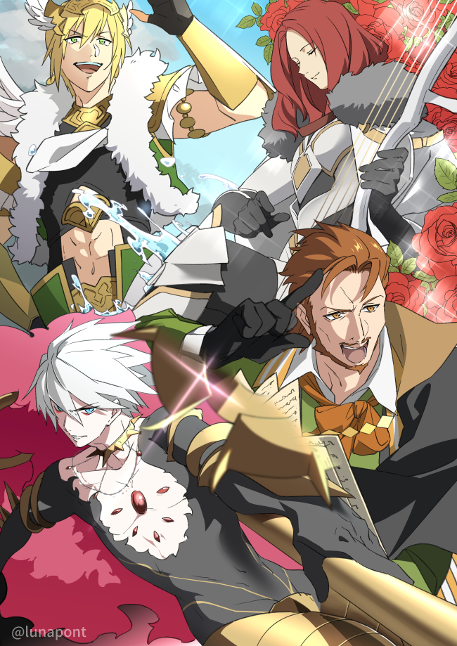 4boys beard blonde_hair blue_eyes brown_hair choker facial_hair fate/grand_order fate_(series) flower glint green_shirt holding jason_(fate) karna_(fate) lancelot_(fate/grand_order) lunapont male_focus multiple_boys mustache navel open_mouth parted_lips red_flower red_hair red_rose rose shirt short_hair teeth toned toned_male upper_teeth_only water white_hair william_shakespeare_(fate)
