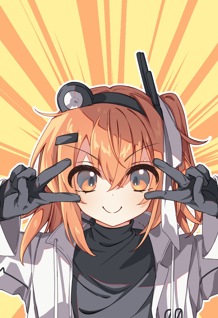 1girl a.i._voice adachi_rei black_gloves black_shirt closed_mouth crossed_bangs double_v drawstring emotional_engine_-_full_drive gloves hair_between_eyes hair_ornament hair_ribbon hairclip hamano_yui hands_up headlamp headset highres jacket long_sleeves looking_at_viewer medium_hair one_side_up open_clothes open_jacket orange_eyes orange_hair outline radio_antenna ribbon shirt smile solo straight-on sunburst sunburst_background turtleneck upper_body utau v v-shaped_eyebrows v_over_eye white_jacket white_outline white_ribbon yellow_background