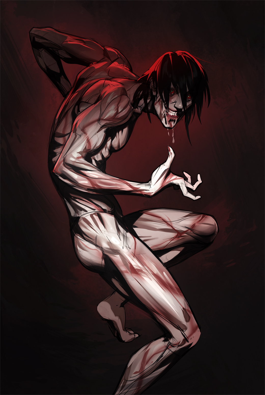1boy black_hair completely_nude crazy_eyes crazy_grin crazy_smile from_side grin highres male_focus nude original red_eyes saliva scar smile solo tarakanovich