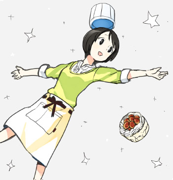 1girl apron black_hair breasts cake chef_hat dropping female_focus food happy hat hiwatari ikeda_keisuke lowres open_mouth shimau short_hair shorts simple_background sleeves_rolled_up small_breasts smile solo star_(symbol) yotsubato!