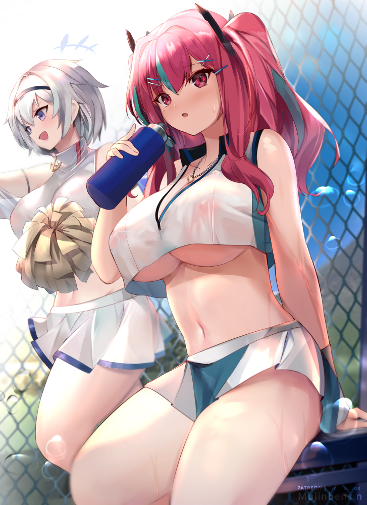 2girls :d anchor_necklace azur_lane bare_shoulders black_hairband blue_sky bottle breasts bremerton_(azur_lane) bremerton_(scorching-hot_training)_(azur_lane) chain-link_fence cheerleader cleavage commentary covered_erect_nipples crop_top crop_top_overhang day fence grey_hair hair_between_eyes hair_ornament hairband headgear heart heart_necklace holding holding_bottle holding_pom_poms jewelry large_breasts long_hair midriff miniskirt mole mole_under_eye mujinbensin multicolored_hair multiple_girls navel necklace nipples no_bra official_alternate_costume open_mouth pom_pom_(cheerleading) pom_poms purple_eyes red_eyes red_hair reno_(azur_lane) reno_(biggest_little_cheerleader)_(azur_lane) revision see-through_clothes see-through_skirt shirt sitting skirt sky sleeveless sleeveless_shirt smile sportswear standing stomach streaked_hair sweat tennis_uniform thighs twintails two-tone_shirt two-tone_skirt underboob water_bottle white_skirt wristband x_hair_ornament