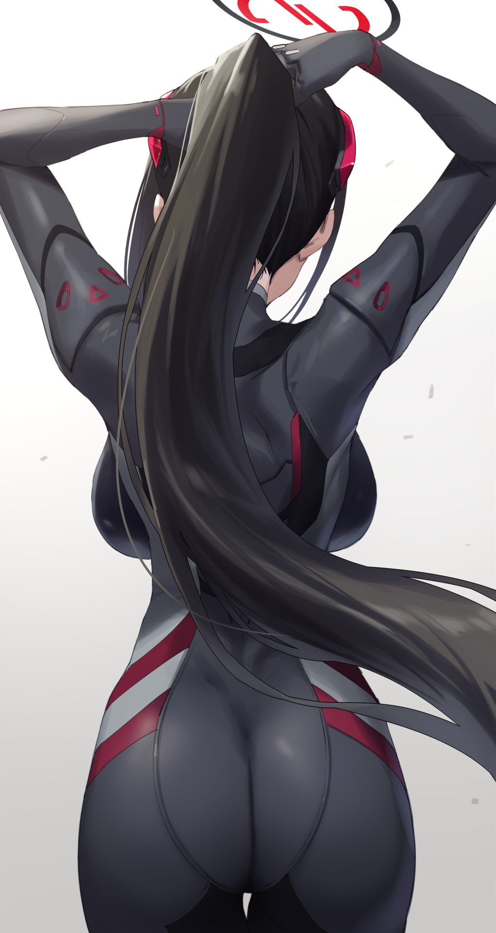 1girl adjusting_hair arms_up ass backboob black_bodysuit black_hair blue_archive bodysuit breasts commentary_request cow cowboy_shot floating_hair from_behind fukai_ryosuke grey_background halo highres large_breasts long_hair official_alternate_costume ponytail rio_(blue_archive) rio_(bodysuit)_(blue_archive) skin_tight solo standing thigh_gap very_long_hair