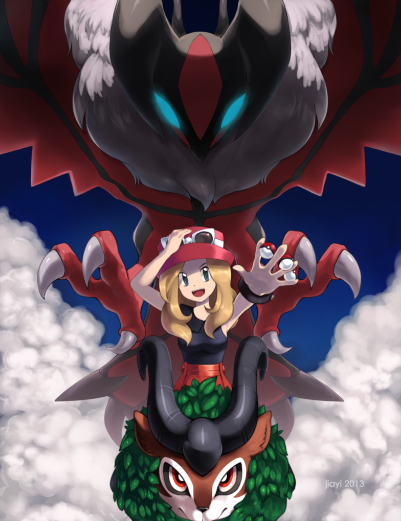 10s blonde_hair blue_eyes gen_6_pokemon gogoat legendary_pokemon nintendo pokemon pokemon_(creature) pokemon_xy serena_(pokemon) yveltal