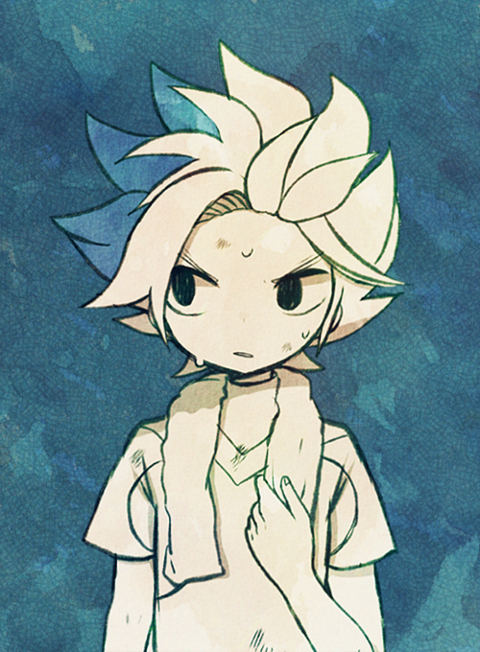 10s 1boy ayu_(mog) bad_id bad_pixiv_id blue_background blue_hair earth_eleven inazuma_eleven_(series) inazuma_eleven_go inazuma_eleven_go_galaxy male_focus matatagi_hayato monochrome multicolored_hair soccer_uniform solo sportswear spot_color sweat towel two-tone_hair upper_body
