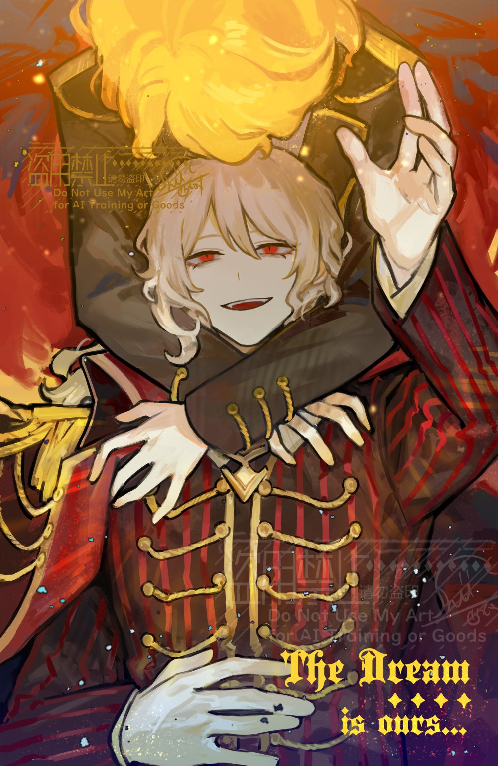1boy 1girl :d arms_around_neck blonde_hair commentary don_quixote_(project_moon) english_commentary english_text fangs grey_hair hair_between_eyes highres la_manchaland&#039;s_don_quixote_(project_moon) limbus_company long_hair looking_at_another male_focus nishikujic open_mouth project_moon reaching reaching_towards_another red_background red_eyes sancho_(project_moon) smile solo_focus spoilers striped_clothes vertical-striped_clothes watermark