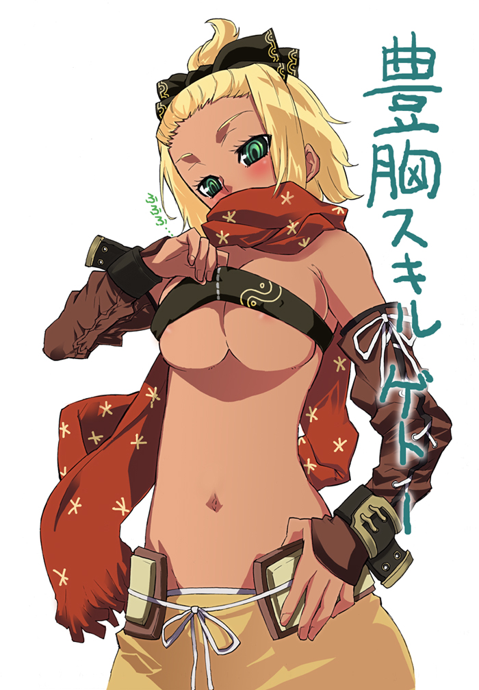 1girl 7th_dragon 7th_dragon_(series) areola_slip blonde_hair breasts dark-skinned_female dark_skin female_focus hatch_(7th_dragon) midriff nagy nipple_slip nipples rogue_(7th_dragon) scarf solo underboob