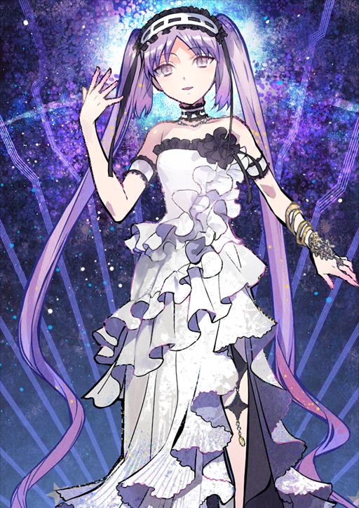 1girl absurdly_long_hair akira_(kaned_fools) armband asymmetrical_dress bangle bare_shoulders bracelet breasts choker collar dress dress_flower fate/grand_order fate_(series) feet_out_of_frame flower frilled_armband frilled_choker frilled_dress frills front_slit hairband hand_up jewelry long_hair looking_at_viewer official_art parted_bangs parted_lips purple_background purple_eyes purple_hair rectangular_pupils sidelocks smile solo standing stheno_(fate) strapless strapless_dress third-party_source twintails variant_set very_long_hair white_collar white_dress white_hairband