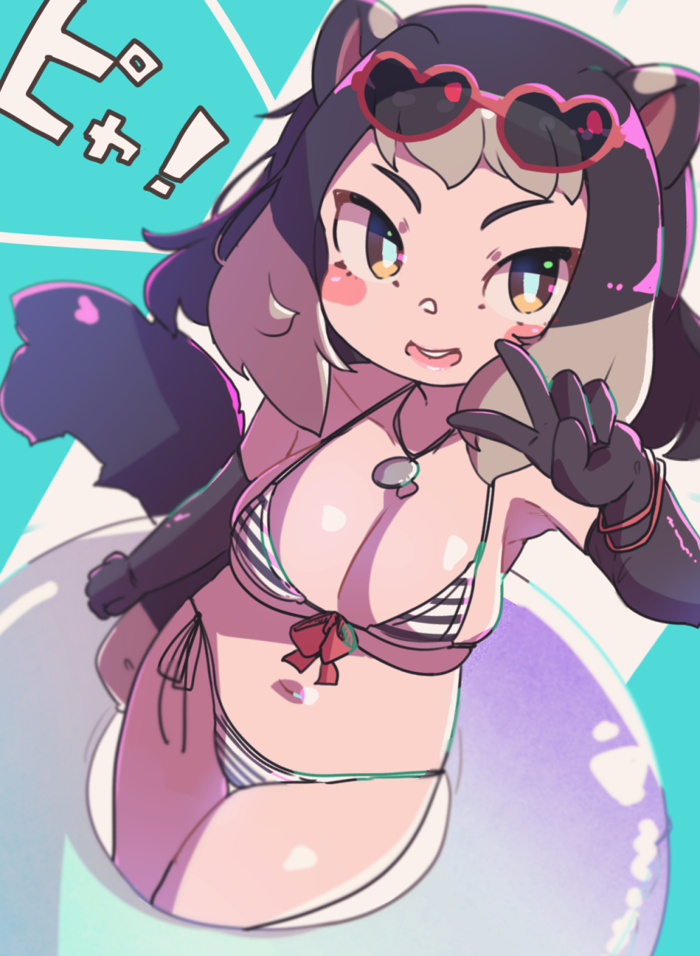 1girl alpine_marmot_(kemono_friends) alternate_costume animal_ears bare_shoulders bikini black_bikini black_gloves blush brown_hair collarbone elbow_gloves eyewear_on_head gloves heart heart-shaped_eyewear highres innertube jewelry kemono_friends light_brown_hair midriff multicolored_bikini multicolored_hair navel necklace obobu_(sapnoji) short_hair solo squirrel_ears squirrel_girl squirrel_tail striped_bikini striped_clothes sunglasses swim_ring swimsuit tail two-tone_bikini two-tone_hair v white_bikini yellow_eyes