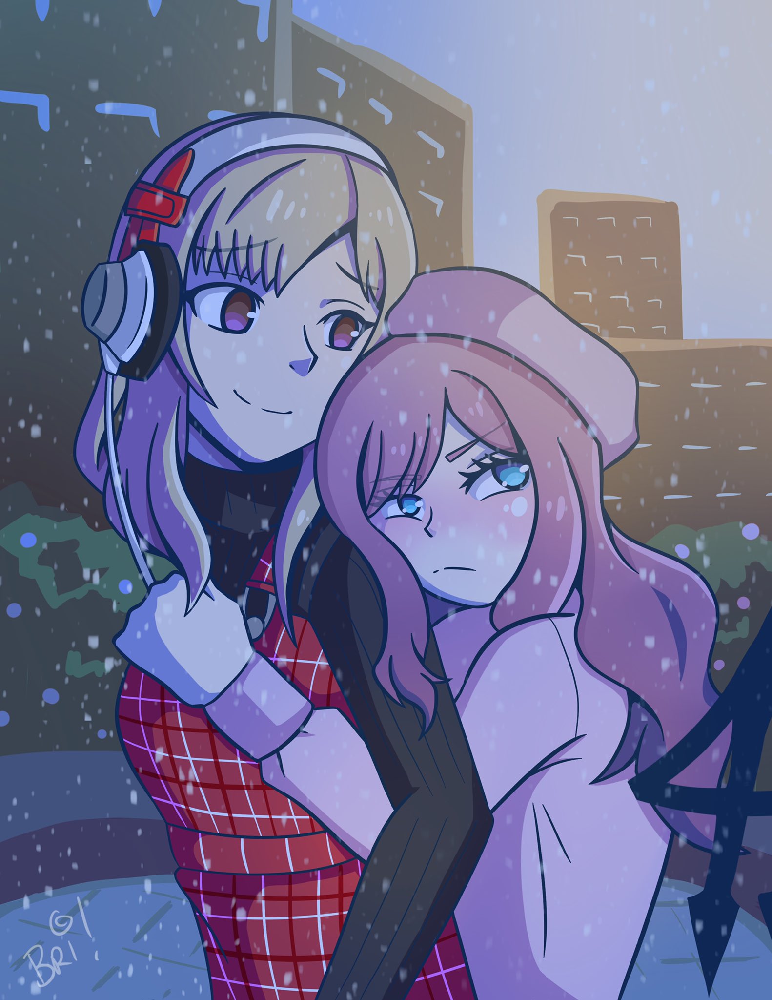 2girls atarashi_coco black_shirt black_wings blue_eyes blush brown_eyes closed_mouth eyebrows_hidden_by_hair eyelashes frown grey_hair headphones highres hug hug_from_behind long_sleeves matsunae_tsugumi multiple_girls outdoors overalls pink_hair pink_shirt plaid_clothes plaid_overalls shin_subarashiki_kono_sekai shirt smile snowing spiked_wings subarashiki_kono_sekai wings yuri