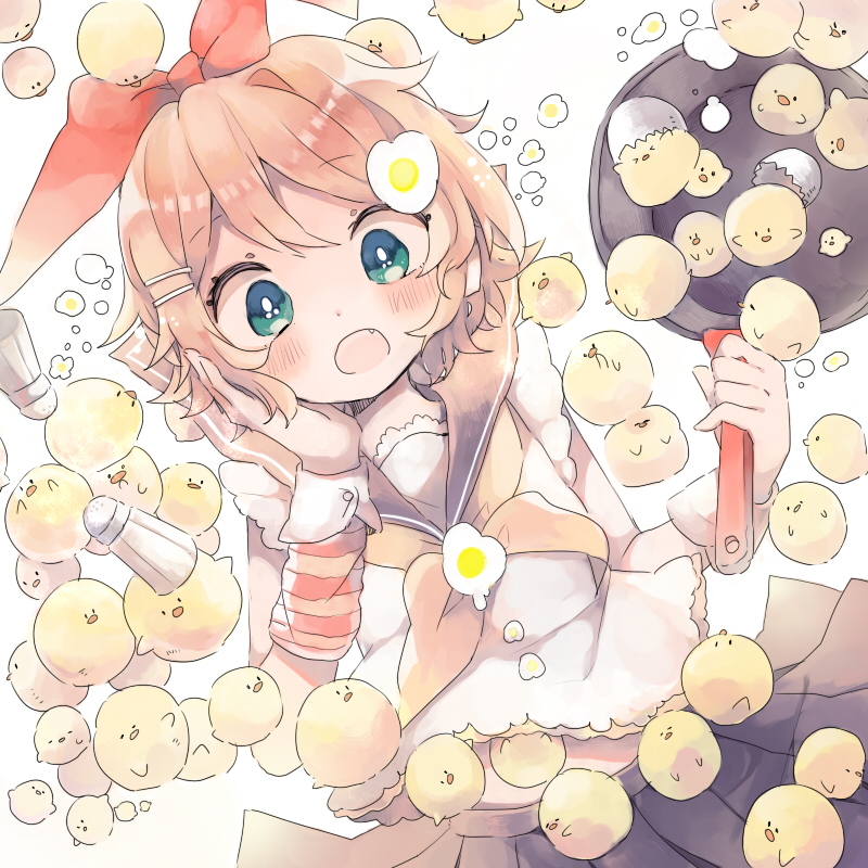 1girl aqua_eyes bad_id bad_pixiv_id bird black_skirt blush chick crop_top egg_yolk eggshell fang frying_pan hair_ornament hair_ribbon hairclip hand_on_own_cheek hand_on_own_face holding kagamine_rin meme midriff niwa_(ejizon) open_mouth pleated_skirt red_ribbon ribbon sailor_collar salt_shaker simple_background skirt too_many too_many_birds too_many_chicks vocaloid wavy_eyes white_background wrist_cuffs