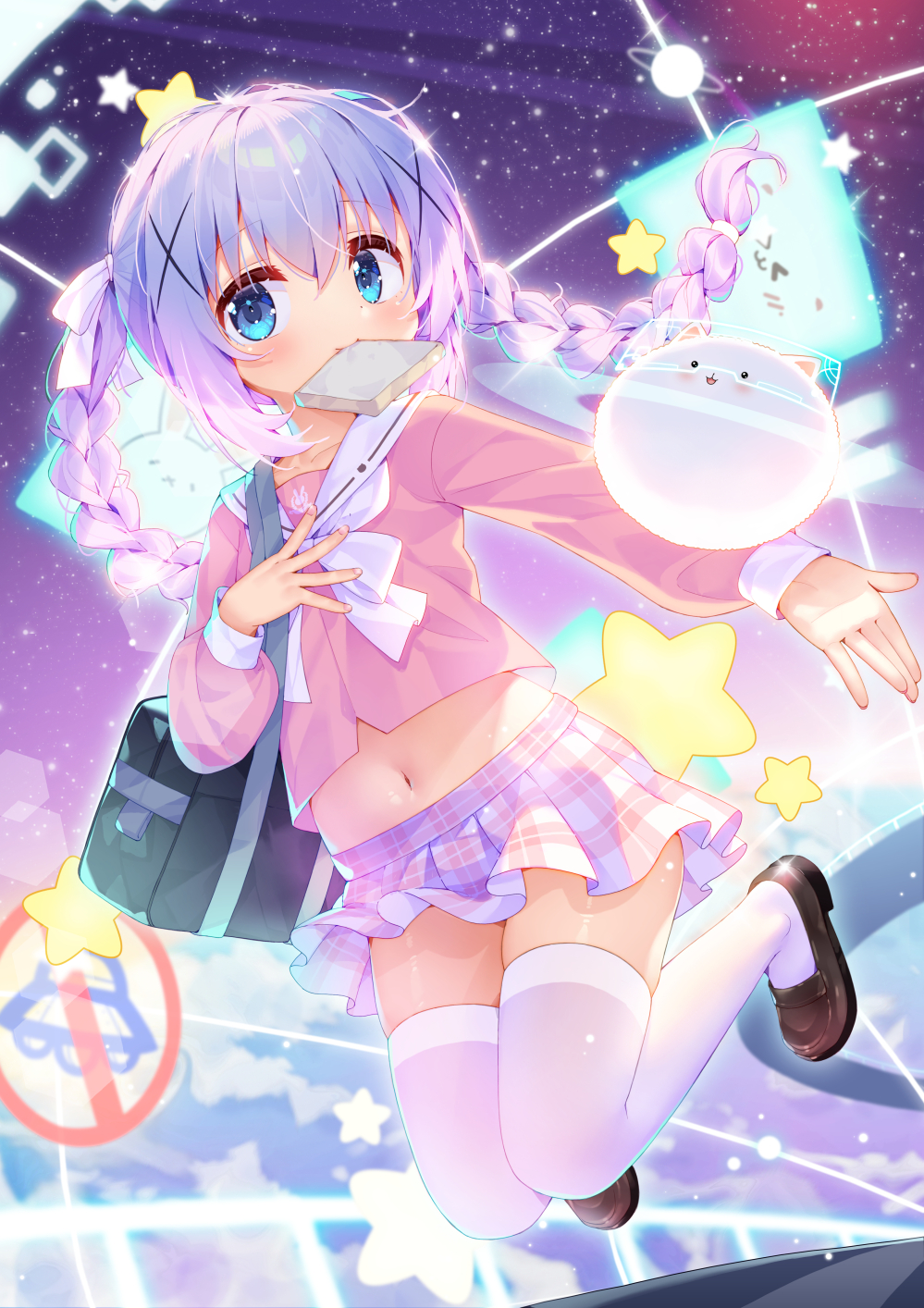 1girl angora_rabbit bag blue_bag blue_eyes blue_hair bow bowtie braid bread bread_slice brown_shoes child commentary_request cropped_shirt crossed_bangs eating flat_chest floating_hair food food_in_mouth full_body gochuumon_wa_usagi_desu_ka? hair_between_eyes hair_ornament hair_ribbon hand_on_own_chest highres kafuu_chino loafers long_hair long_sleeves midriff mouth_hold navel pink_serafuku pink_shirt pink_skirt plaid_clothes plaid_skirt pleated_skirt rabbit ribbon sailor_collar school_bag school_uniform serafuku shirt shoes shoulder_bag skindentation skirt solo taku_michi thighhighs tippy_(gochiusa) twin_braids white_bow white_bowtie white_ribbon white_sailor_collar white_thighhighs x_hair_ornament zettai_ryouiki