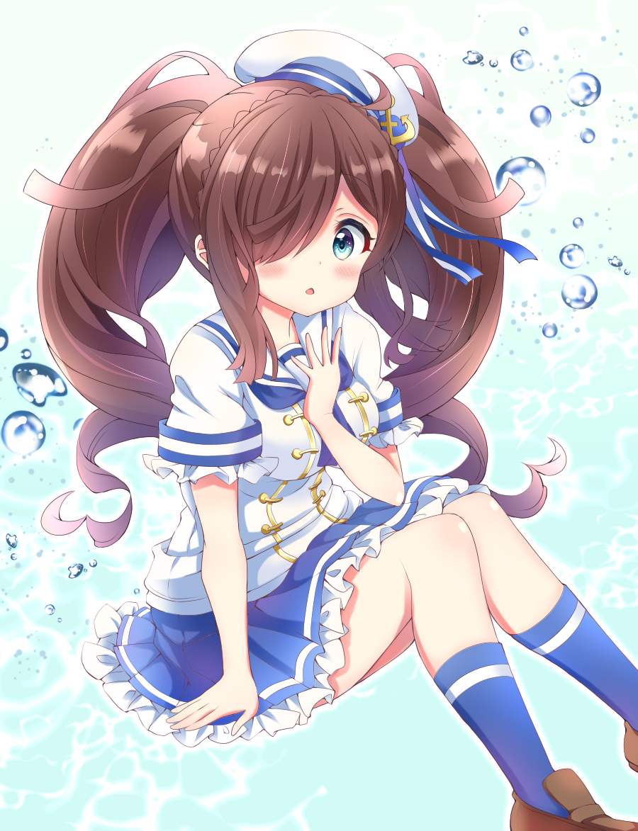 1girl :o aqua_background aqua_eyes arm_at_side ben_awa bloom blue_skirt blue_socks blue_trim blush braid breasts brown_hair brown_shoes bubble crown_braid frilled_sleeves frills gradient_background hair_over_one_eye hand_rest hand_up hat impossible_clothes impossible_shirt kiratto_pri_chan knees_together_feet_apart loafers long_hair medium_breasts nijinosaki_dia parted_lips pleated_skirt pretty_series sailor_hat shirt shoes short_sleeves sitting skirt socks solo tube_socks twintails wavy_hair white_background white_hat white_shirt