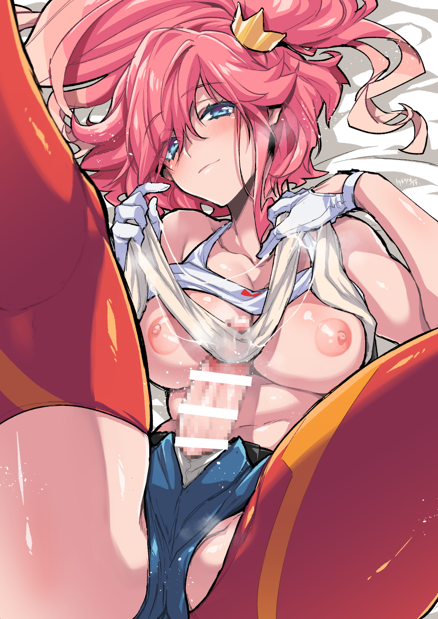 1futa aina_ardebit bar_censor belt blue_eyes blush breasts breasts_out censored clothes_lift collarbone commentary_request crown cum cum_on_body cum_on_hands cum_string denim denim_shorts erection from_above futanari gloves highres large_breasts long_hair looking_at_viewer lying mosaic_censoring nipples nose_blush on_back penis pink_hair promare red_legwear shirt_lift short_shorts shorts solo takatsuki_ichi tank_top thighs toned torn_clothes torn_legwear white_gloves white_tank_top